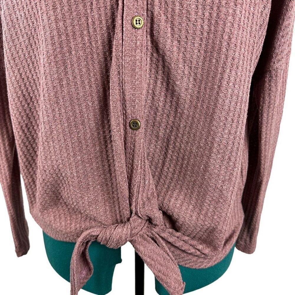 IWOLLENCE Women's Waffle Knit Tunic Blouse Tie Knot Henley Top- Size S - Picture 3 of 11